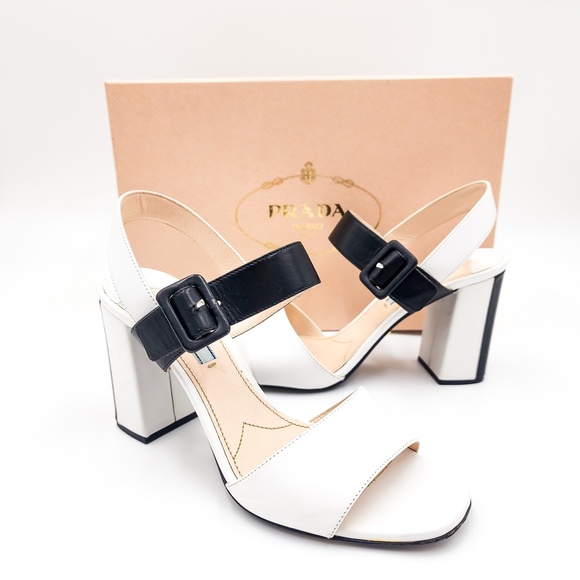 Prada Leather Mary Jane Black & White Designer Sandals Heels w.box EU 38 - Picture 2 of 9